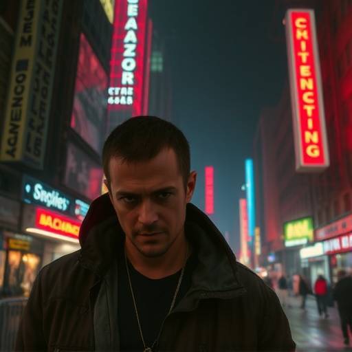 Cyberpunk: Edgerunners TV show poster: David Martinez standing in Night City with a determined look.