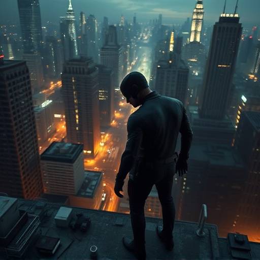 Daredevil TV show poster: Matt Murdock as Daredevil, standing on a rooftop in Hell's Kitchen, New York City.