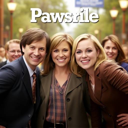Parks and Recreation TV show poster: Leslie Knope and the Pawnee Parks department team smiling enthusiastically.