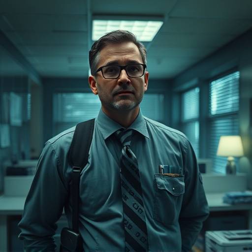 Severance TV show poster: Mark Scout in a sterile office environment, looking confused.