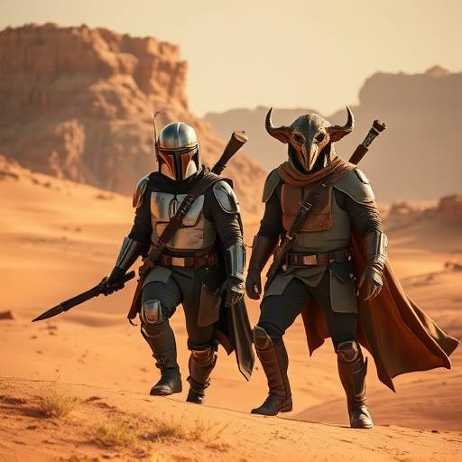 The Mandalorian TV show poster: The Mandalorian and Grogu (Baby Yoda) standing together in a desert landscape.