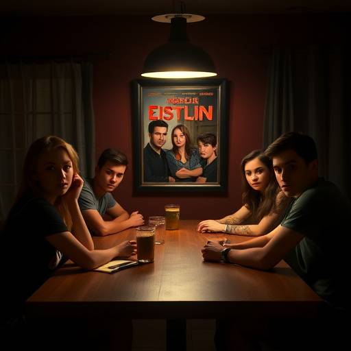 The Midnight Club TV show poster: A group of young adults sitting around a table in a dimly lit room.