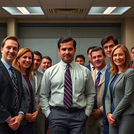 The Office (US) TV show poster: The Dunder Mifflin Scranton branch employees posing for a group photo with Michael Scott in the center.